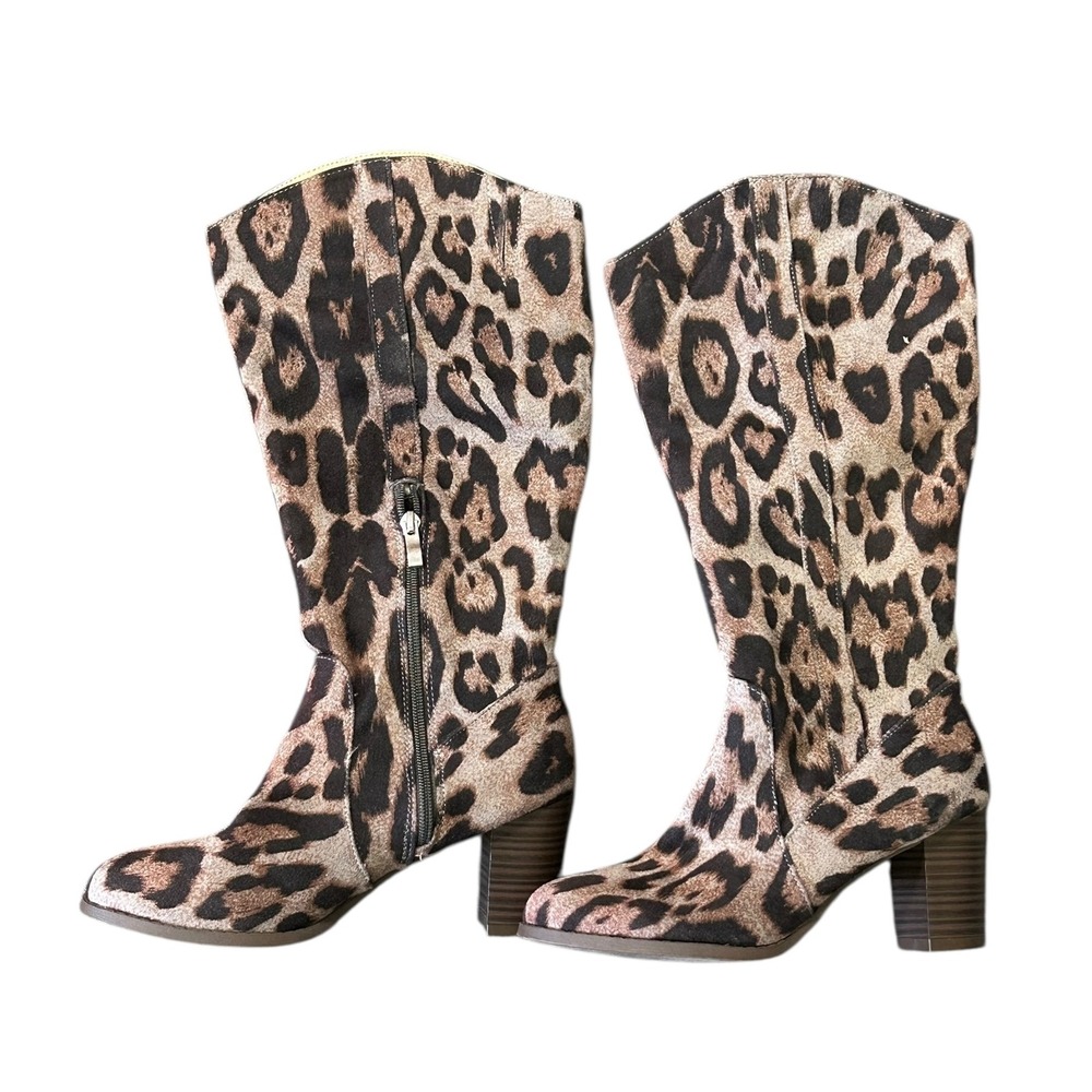 JG Leopard Suede Ankle Boots‎ 7.5 3 Inch Heel Animal Print Chic